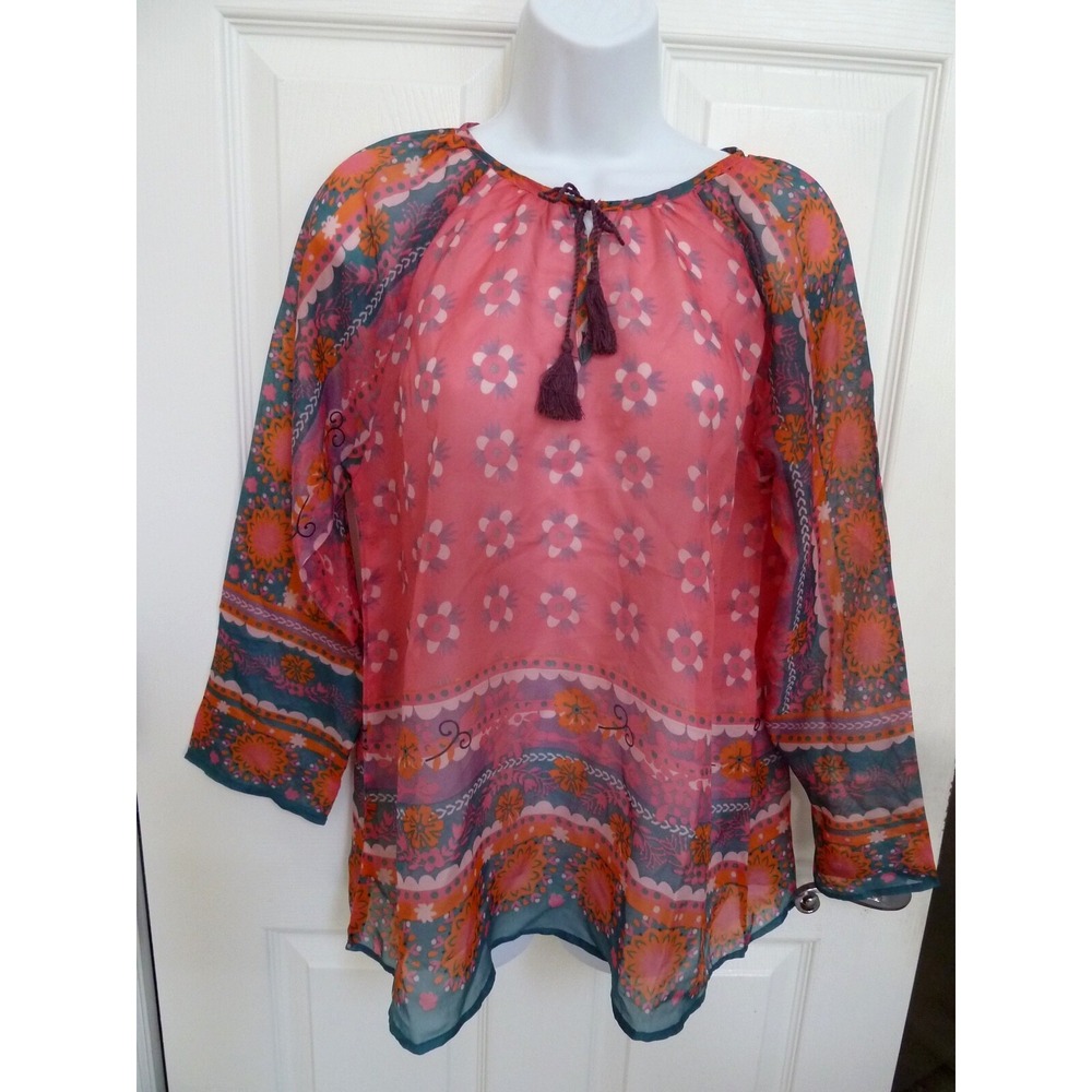 Natural Life Boho Sheer Blouse Small Pink Floral Tassel V-Neck Peasant Top